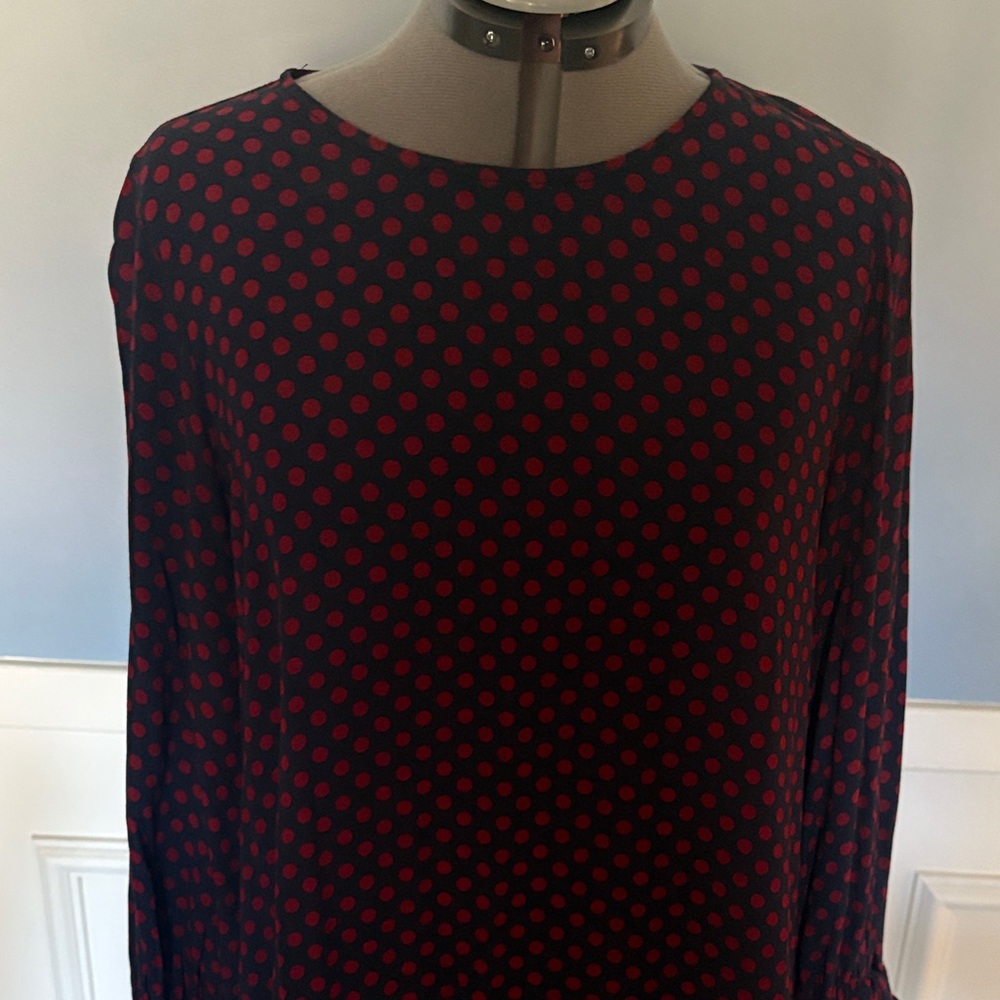 Red and Navy Polka Dot Shift Dress, long Sleeved with ties at arms.